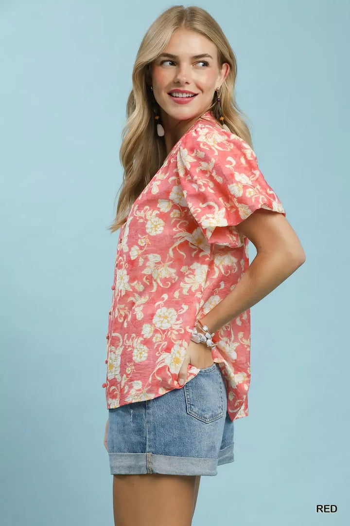 Floral flutter-sleeve button-front top with split V-neck