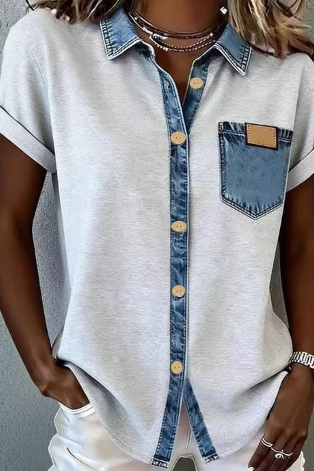 Light Gray Contrast denim-trim short-sleeve button-down shirt with chest pocket