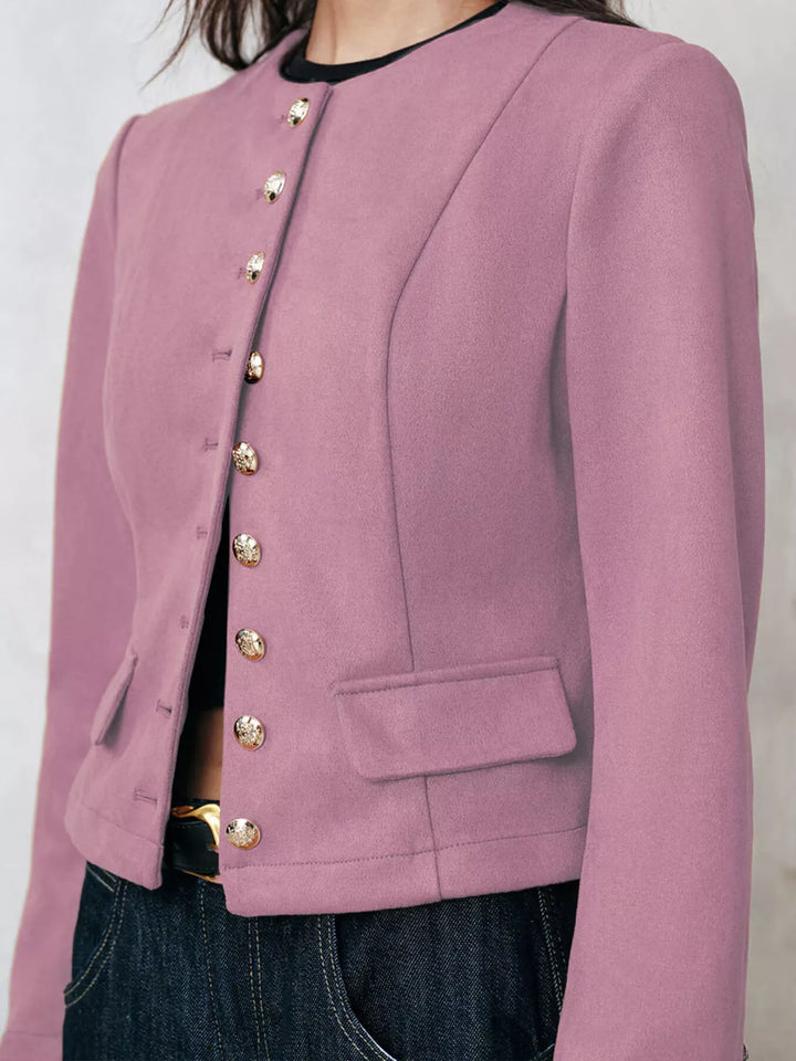 Lilac Round neck collarless blazer with gold buttons