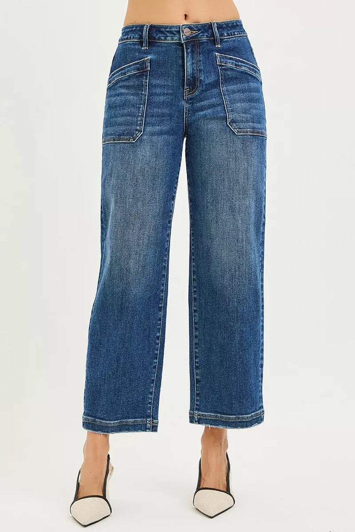 DARK Wide-leg cropped jeans with patch pockets and raw hem