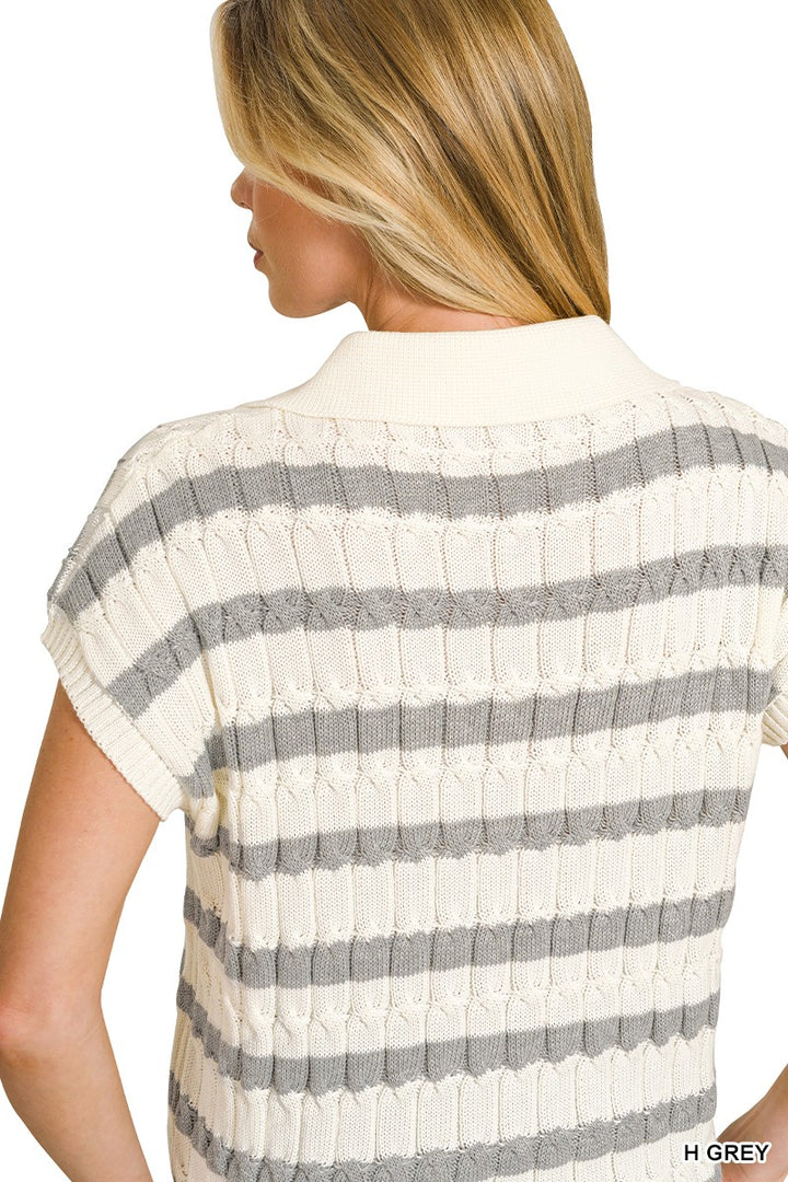 Striped ribbed knit collared short-sleeve sweater