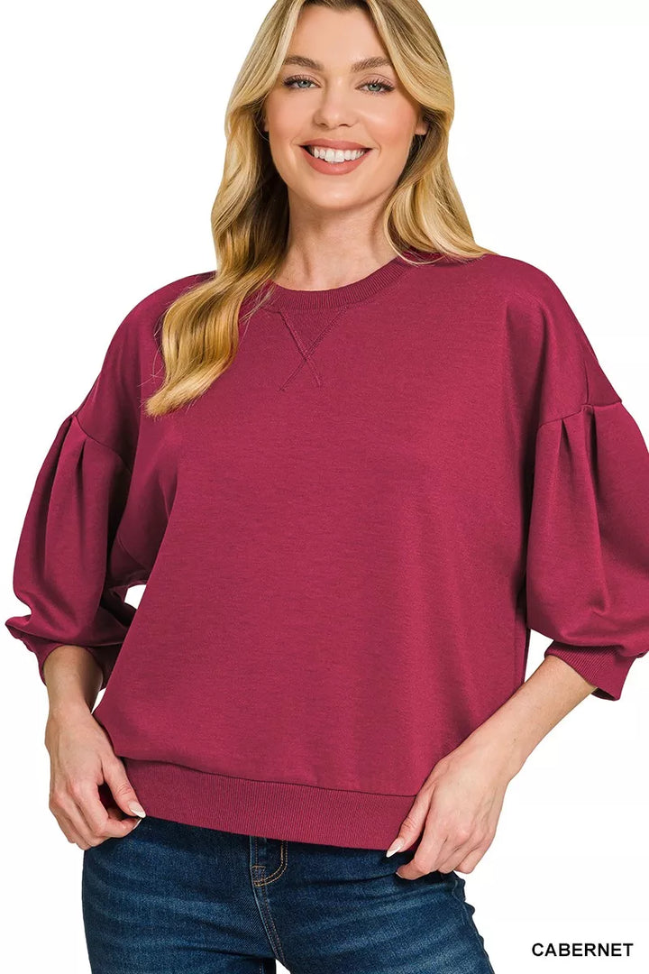 CABERNET Puff sleeve crew neck scuba sweatshirt with ribbed hem