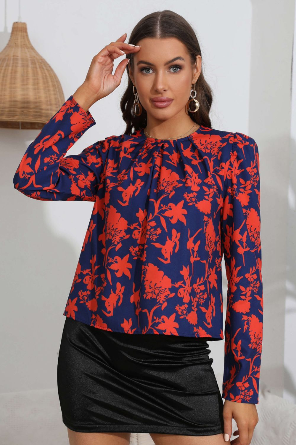 Floral puff sleeve blouse with ruched round neck