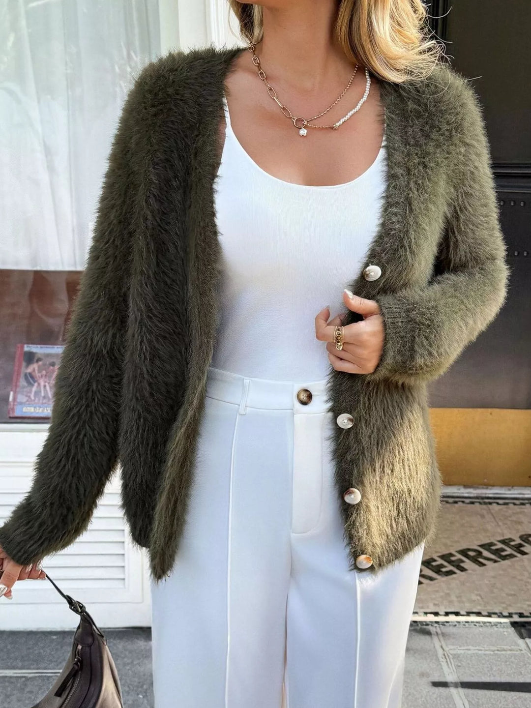 Army Green Fuzzy eyelash knit button-front cardigan with pearl buttons