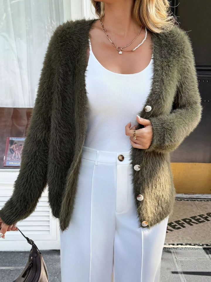 Army Green Fuzzy eyelash knit button-front cardigan with pearl buttons
