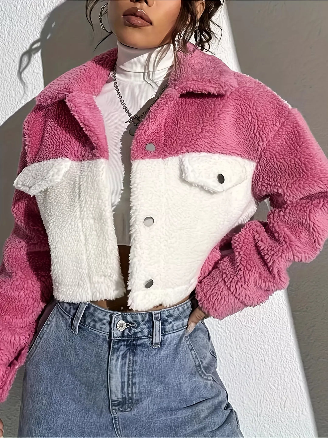 Two-tone sherpa cropped trucker jacket with snap front
