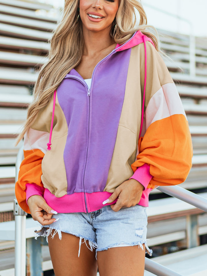 Lavender Color block zip-up hoodie with drawstring hood