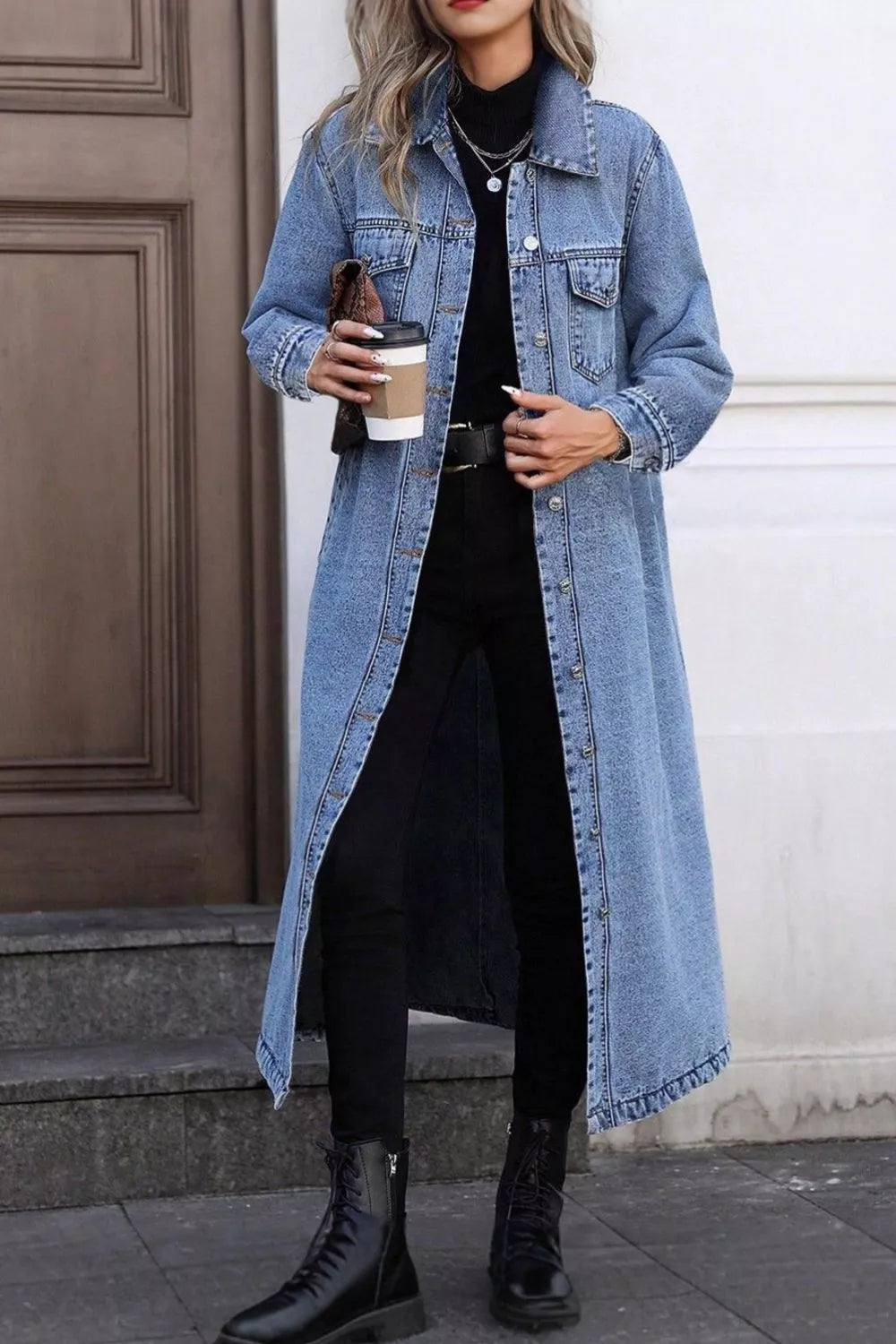 Blue Longline button-down denim duster jacket with chest pockets