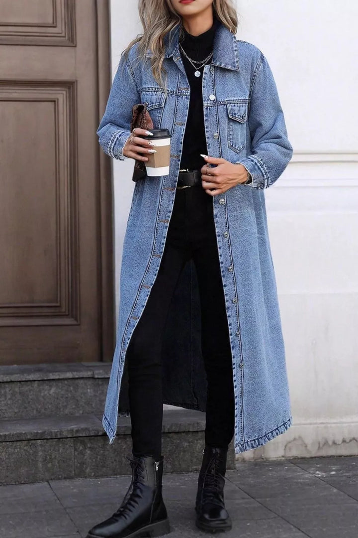 Blue Longline button-down denim duster jacket with chest pockets
