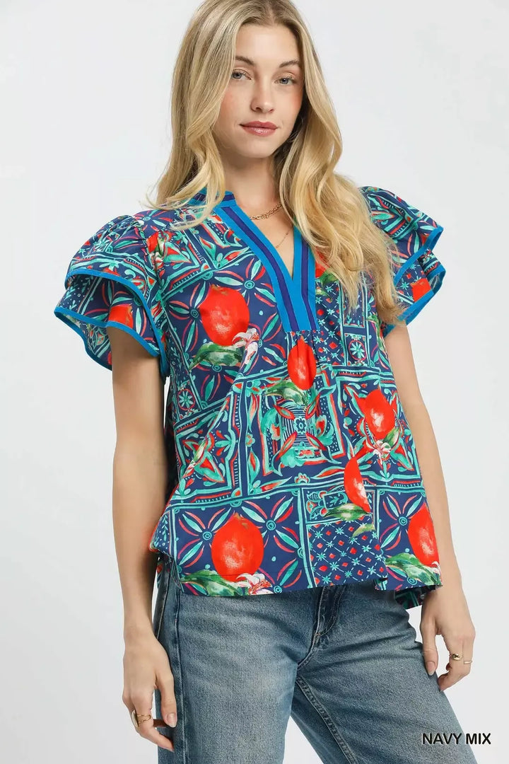 Abstract tile print flutter sleeve blouse with split V-neck