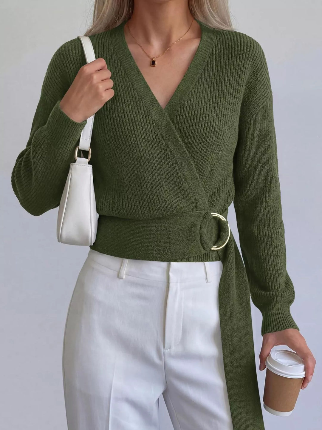 Ribbed knit wrap sweater with gold O-ring belt tie