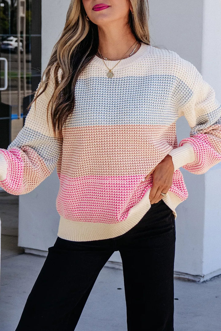 Color block waffle knit drop shoulder sweater