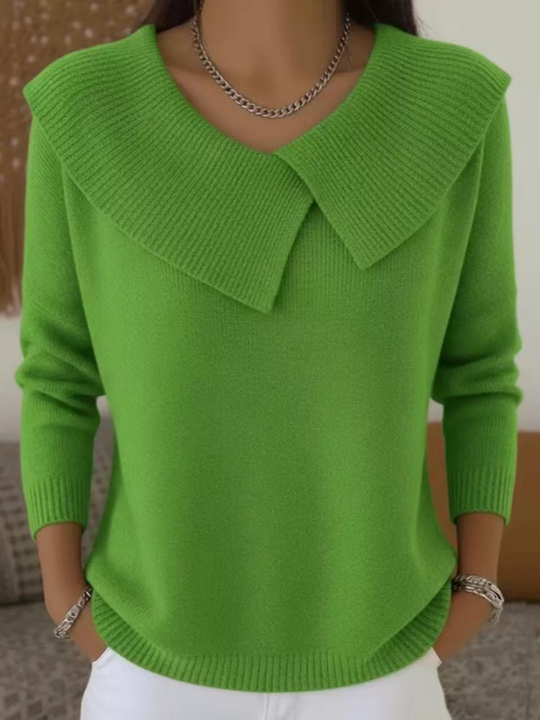 Green Oversized wide-collar ribbed knit sweater