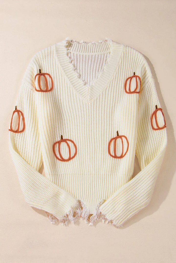 Pumpkin embroidered chunky knit sweater with frayed raw hem