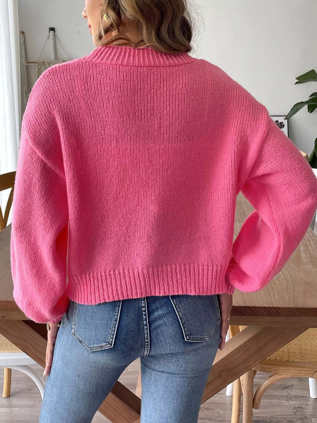 Floral applique open front knit cardigan with ribbed trim