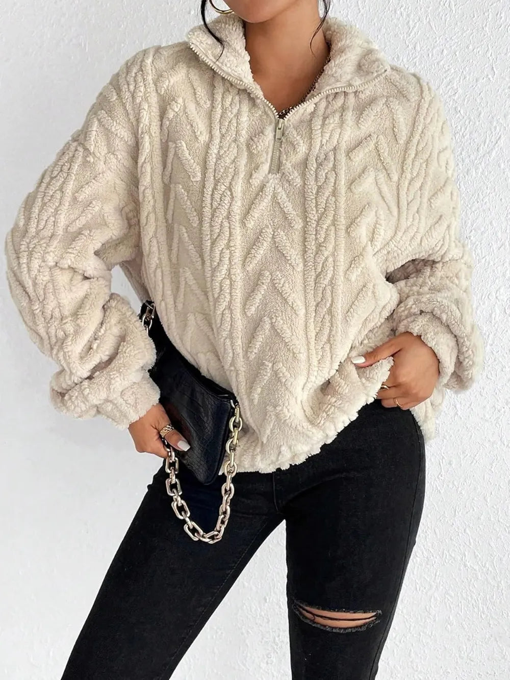 Textured fleece quarter-zip pullover sweatshirt