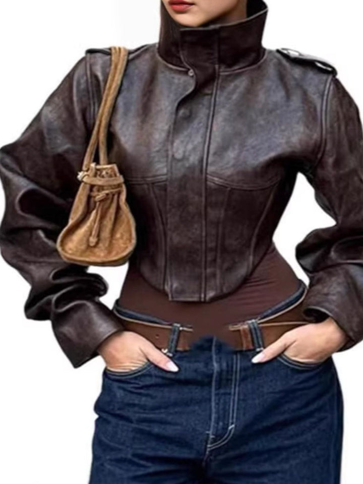 Brown Distressed faux leather jacket with stand collar and corset seams