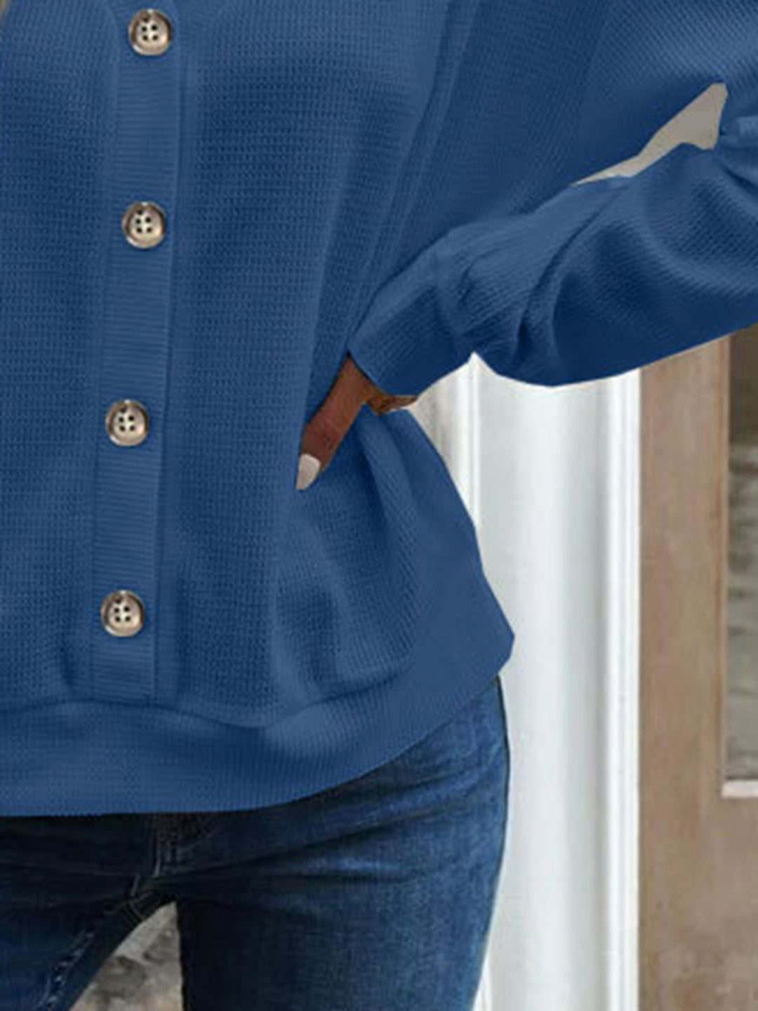 Waffle-knit V-neck button-front top with dropped shoulders
