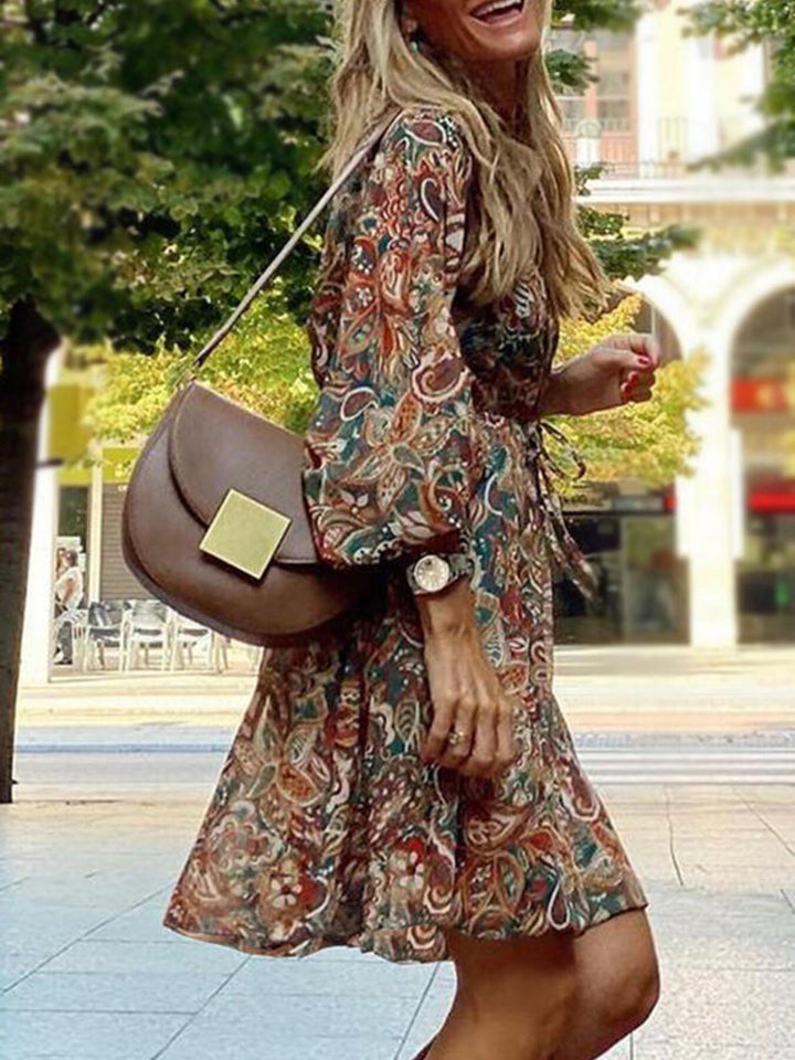 Paisley print balloon sleeve V-neck mini dress