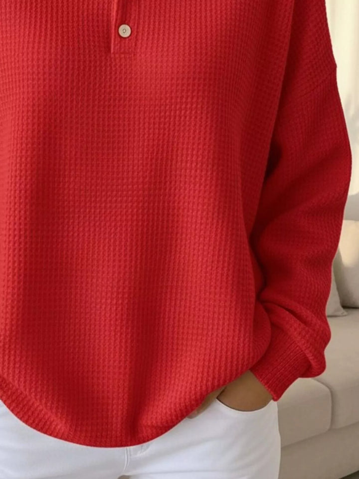 Waffle knit collared pullover with button placket