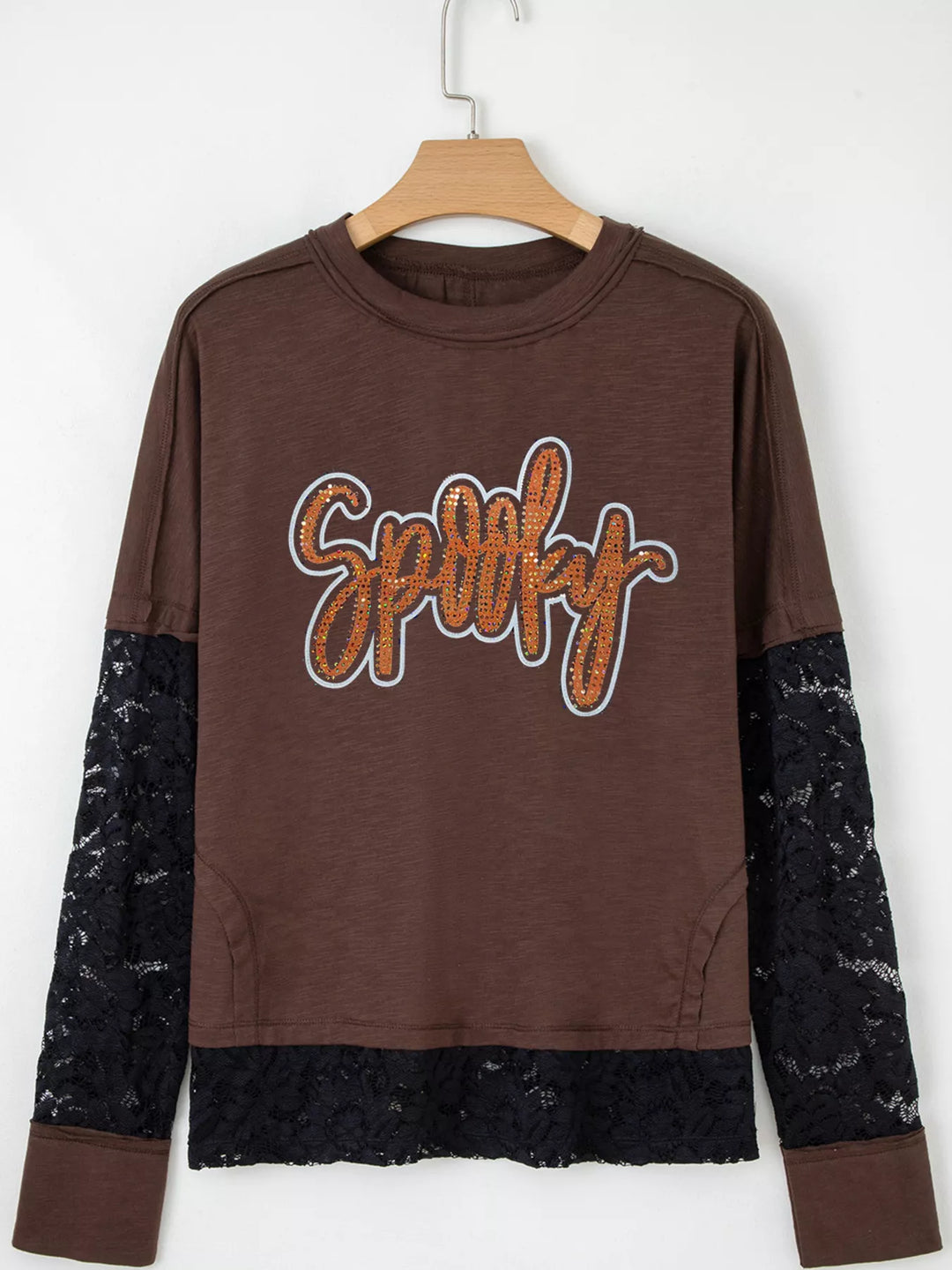 Spooky sequin graphic tee with lace patchwork long sleeves
