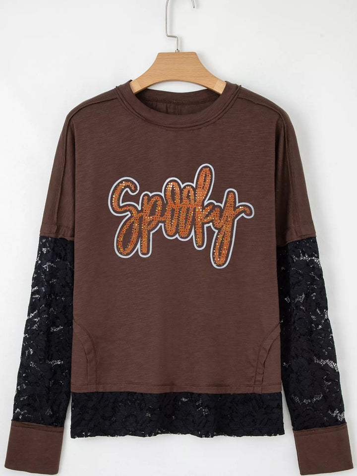 Spooky sequin graphic tee with lace patchwork long sleeves
