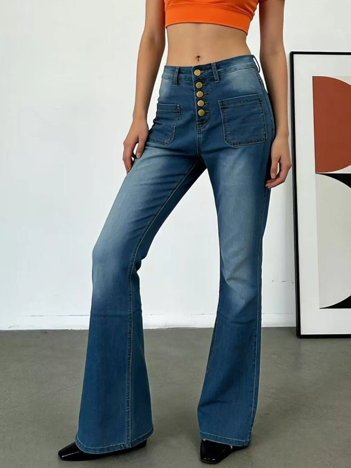 High-waisted button-fly flare jeans with patch pockets