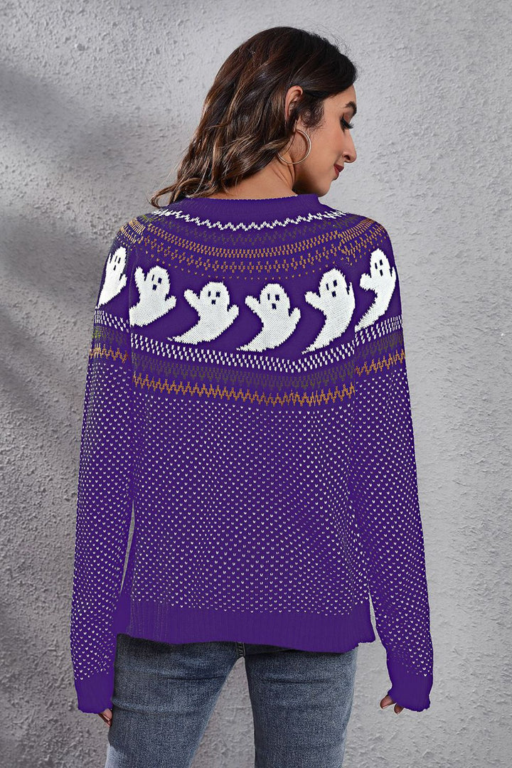 Ghost print Fair Isle knit crew neck pullover sweater