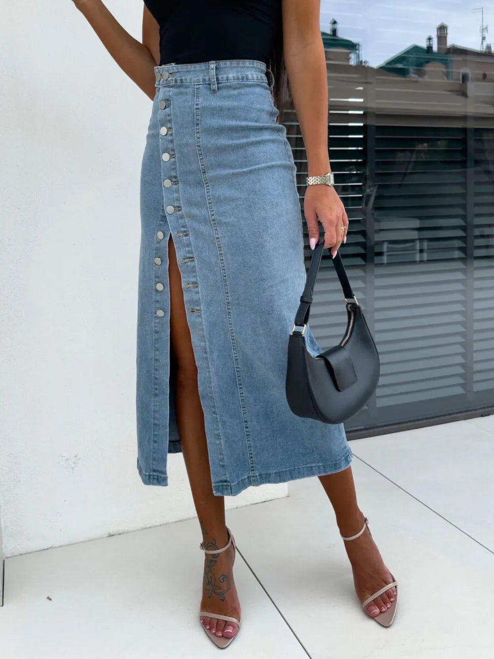 High-waist front-button slit midi denim skirt