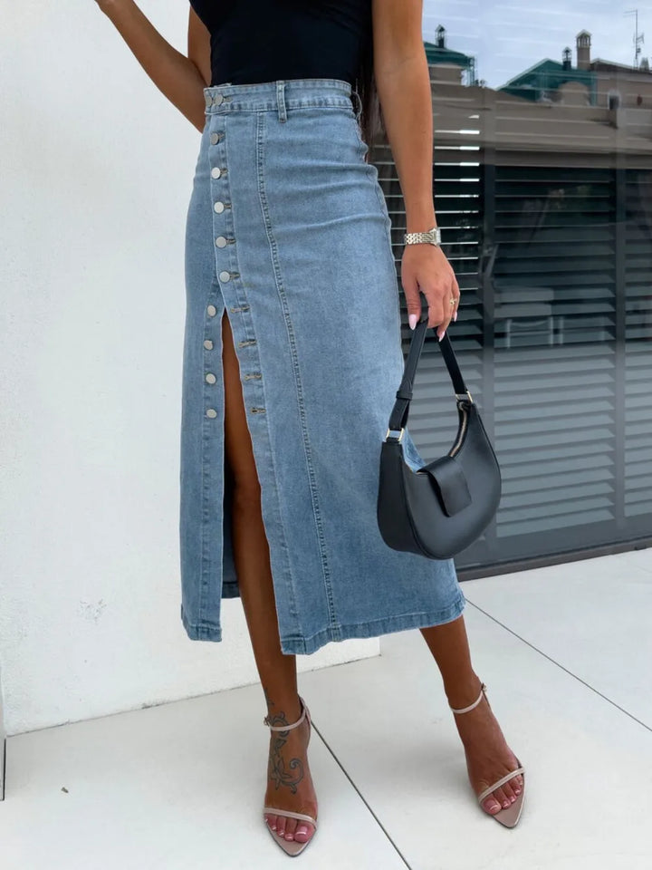 High-waist front-button slit midi denim skirt