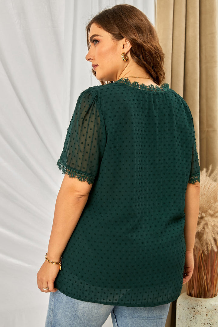 Plus size Swiss dot blouse with crochet lace V-neck