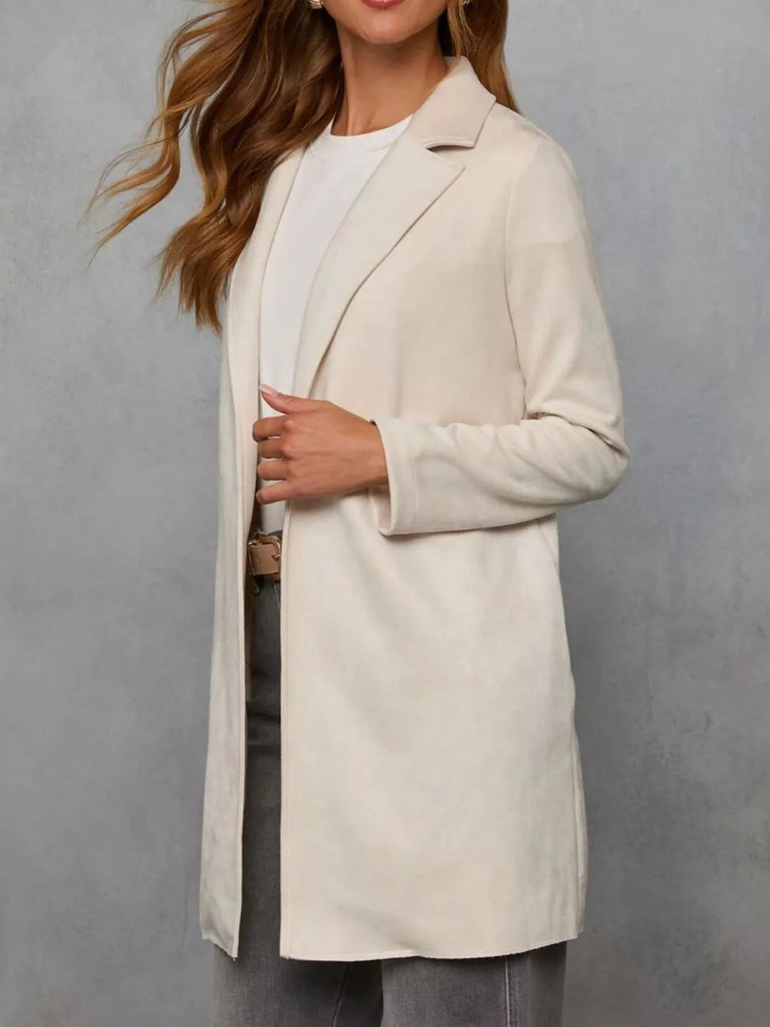 Open-front longline coat with notched lapel collar