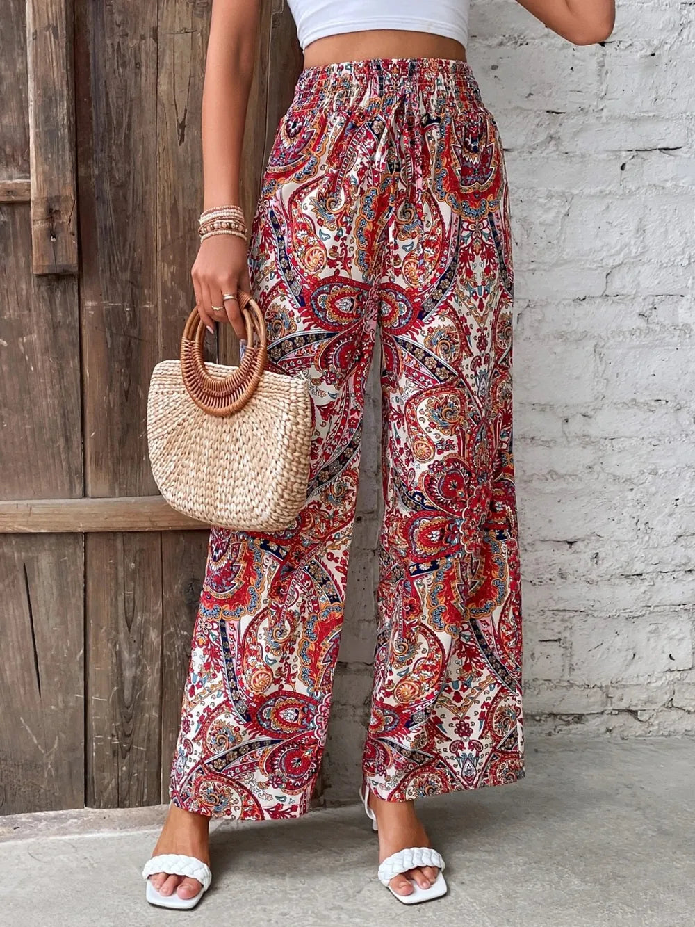 Paisley print wide-leg pants with drawstring waist