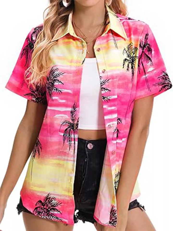 Pink Tropical hibiscus print short sleeve button-up shirt