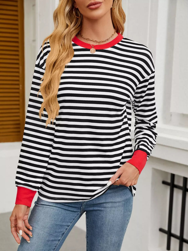 Contrast-trim striped long sleeve crew neck top