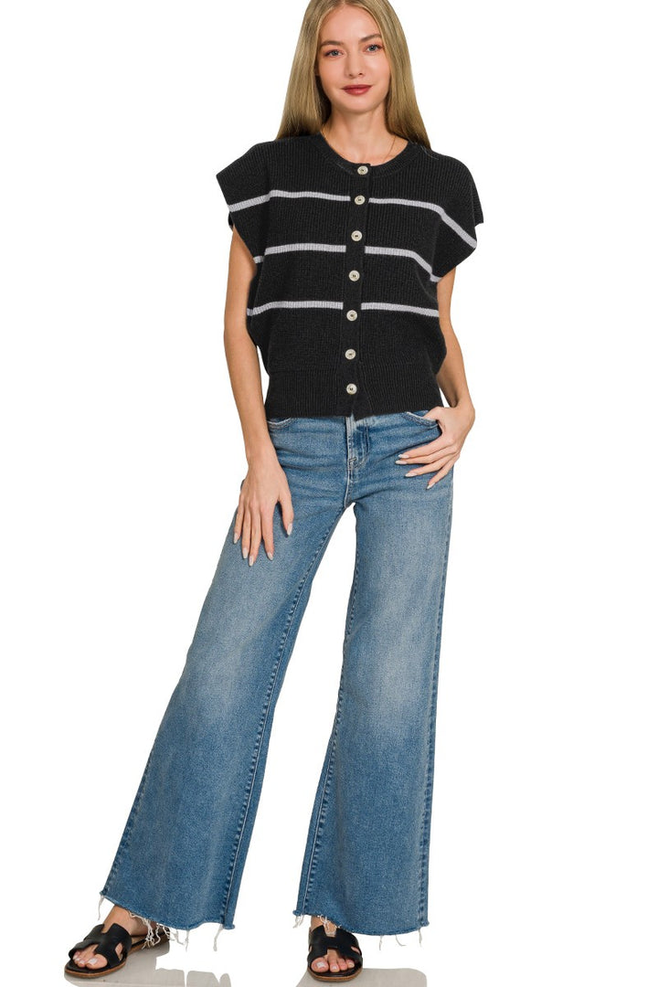 Ribbed striped sweater vest with button-down front