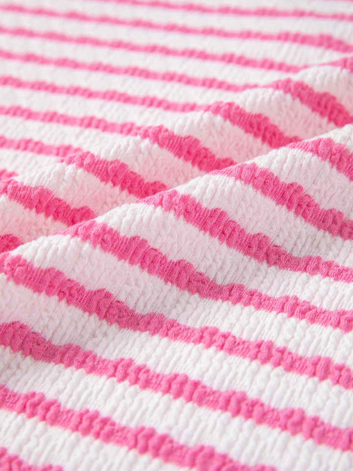 Striped textured knit V-neck top with waffle trim