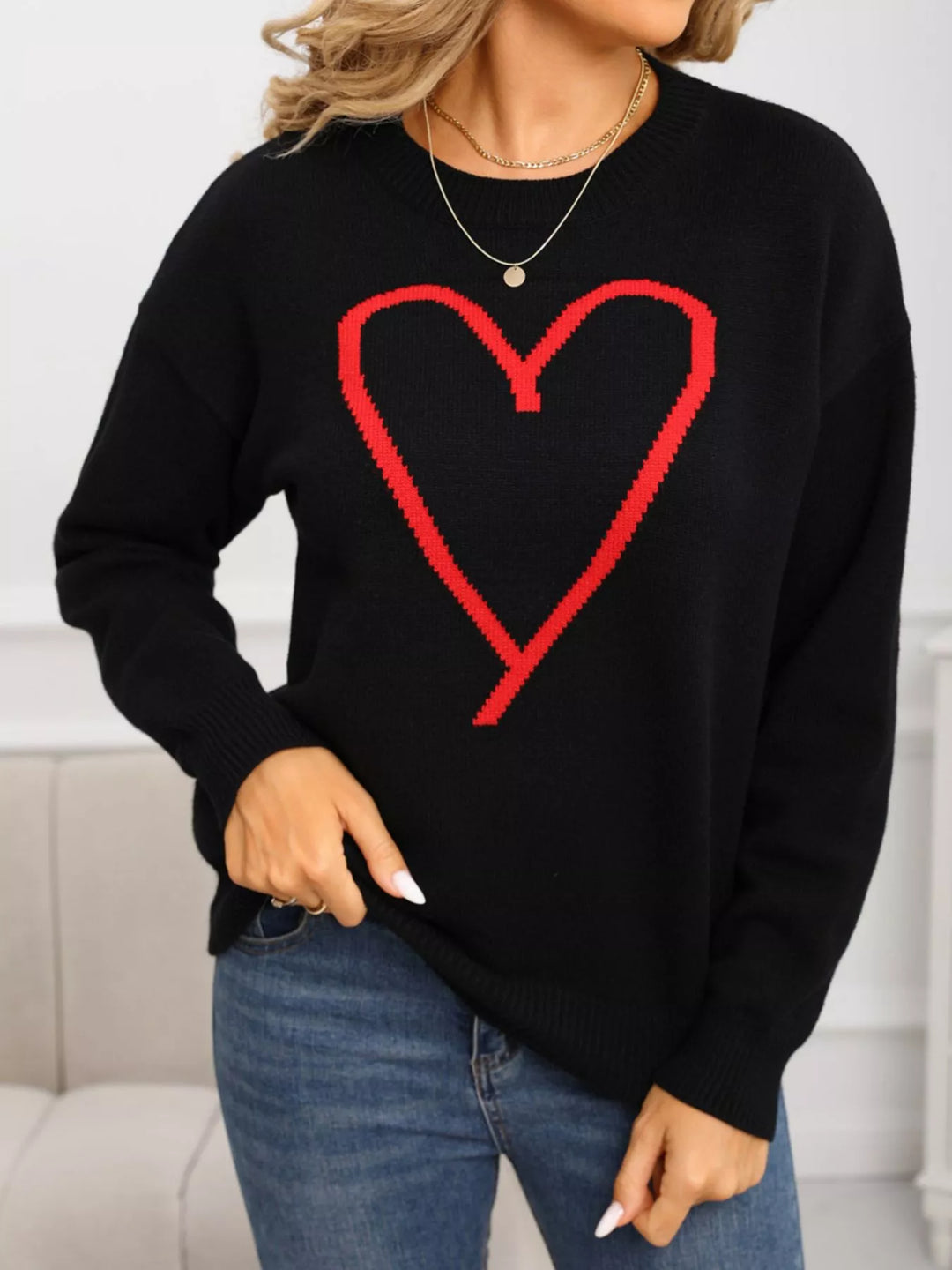 Heart graphic dropped shoulder crew neck sweater