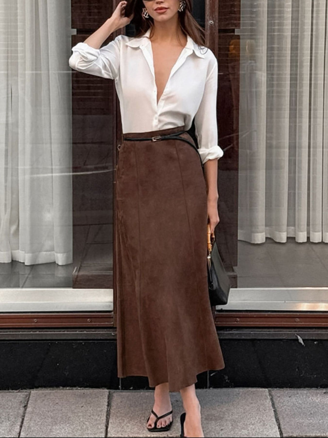 Faux suede high-waist straight midi skirt