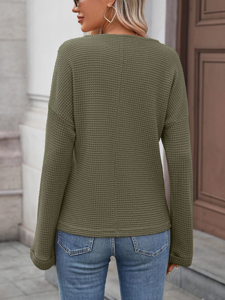 Striped waffle-knit notched neck long sleeve top