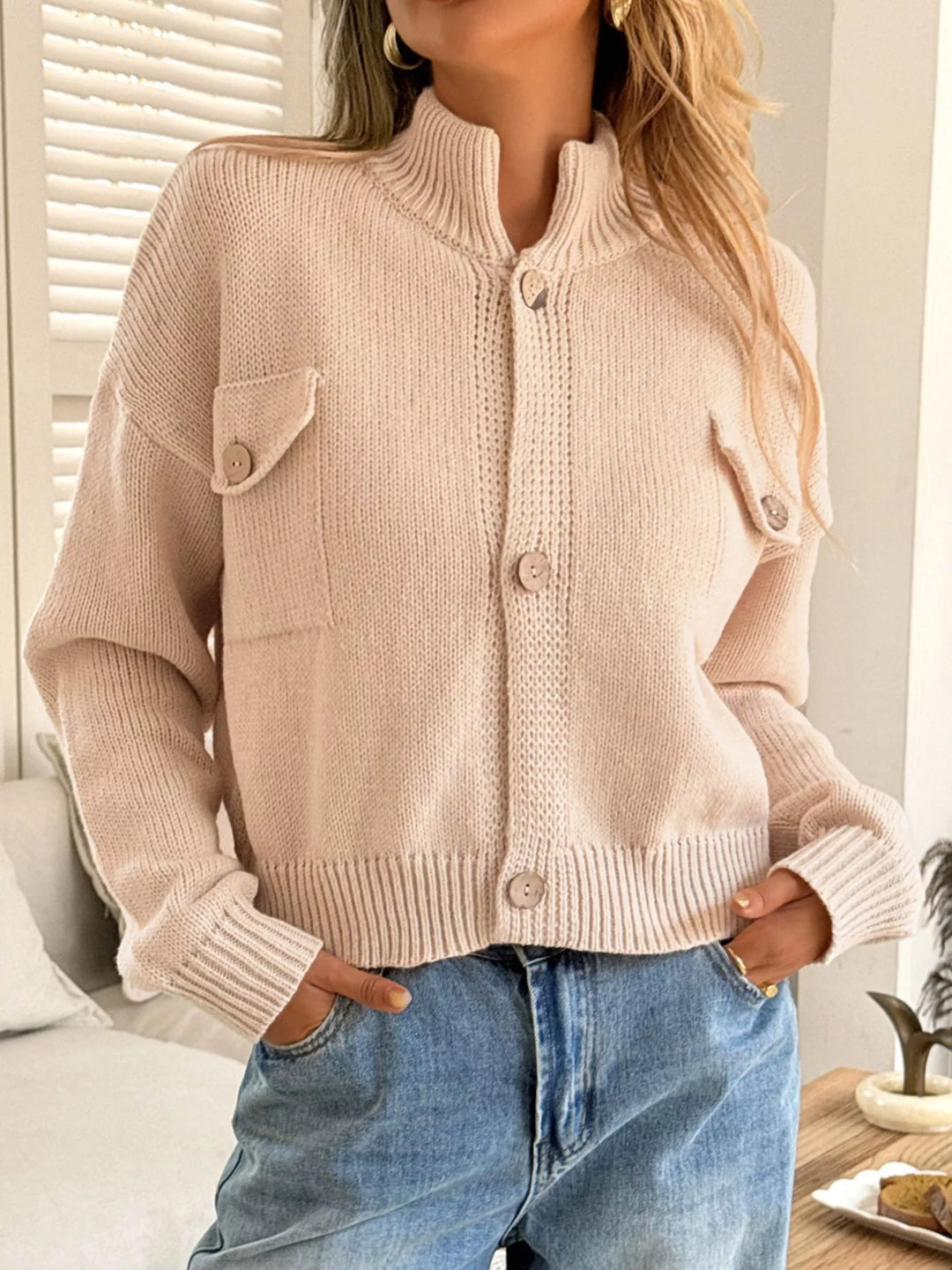 Chunky knit button-front cardigan with chest flap pocket