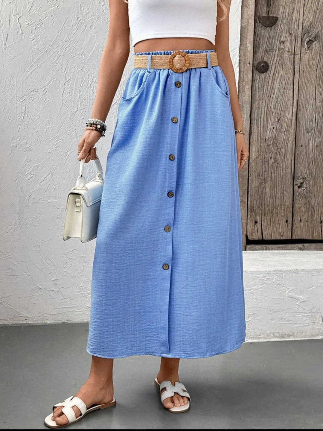 Button-front midi skirt with elastic waist and pockets