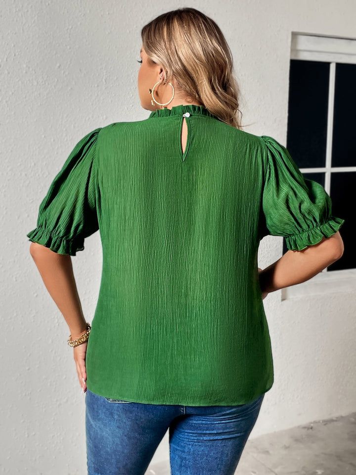 Puff sleeve plus size blouse with ruffled round neck