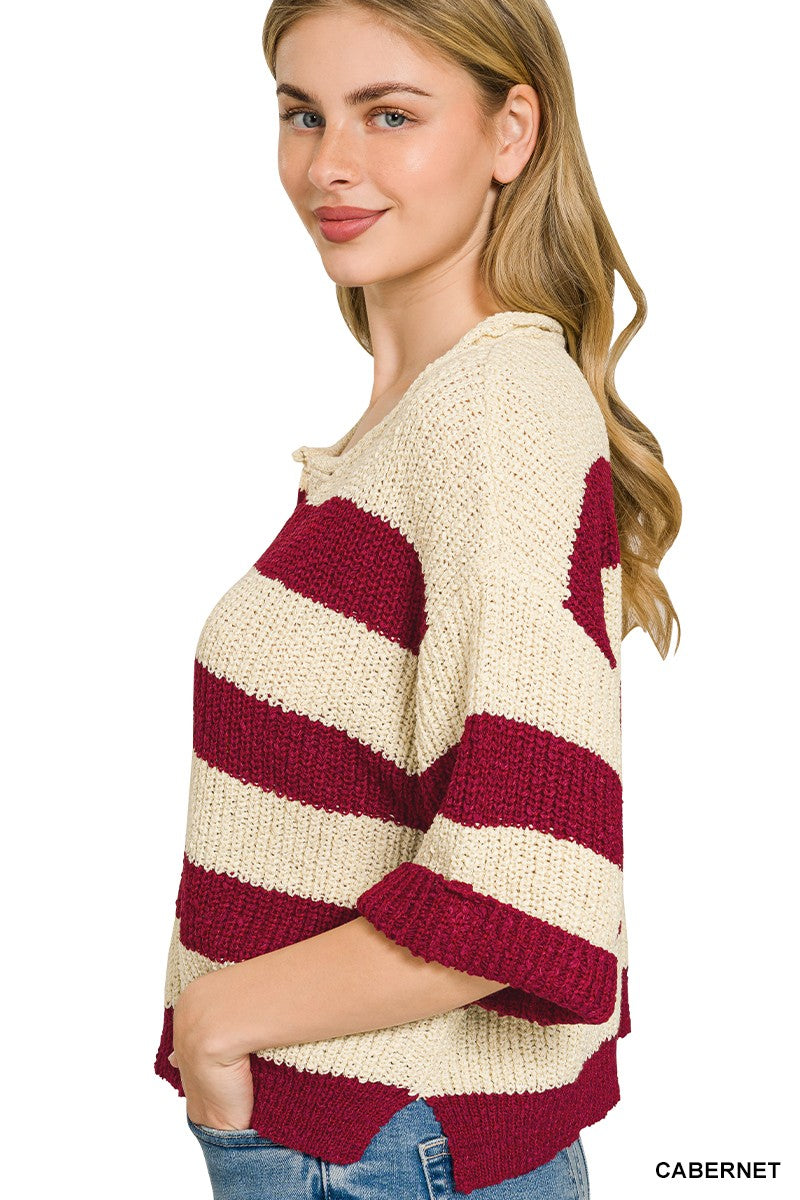 Striped ribbed knit split-neck pullover sweater