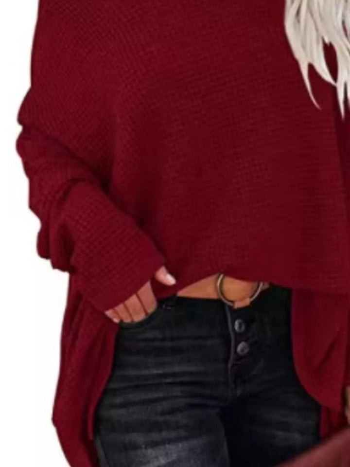 Oversized waffle knit boat neck top with dolman sleeves