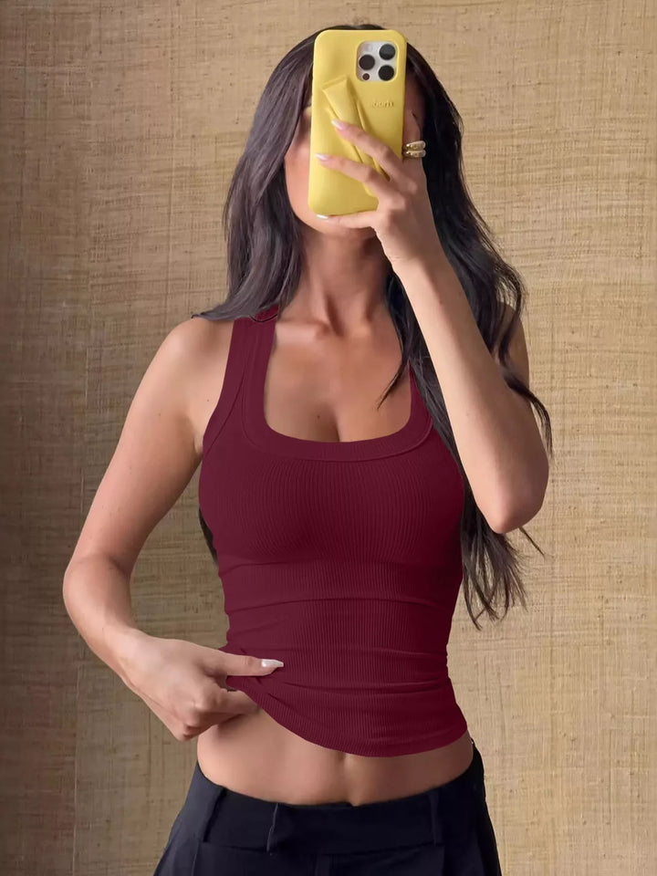 Burgundy Ribbed knit cropped tank top with scoop neck