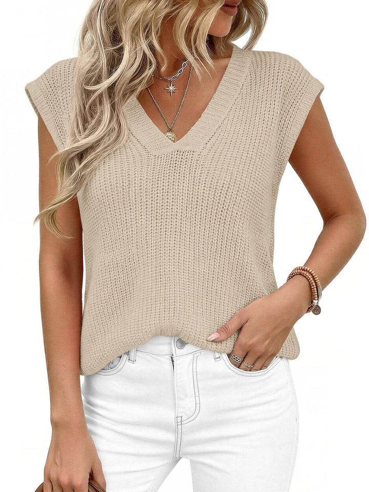 Apricot V-neck cap sleeve waffle knit sweater vest