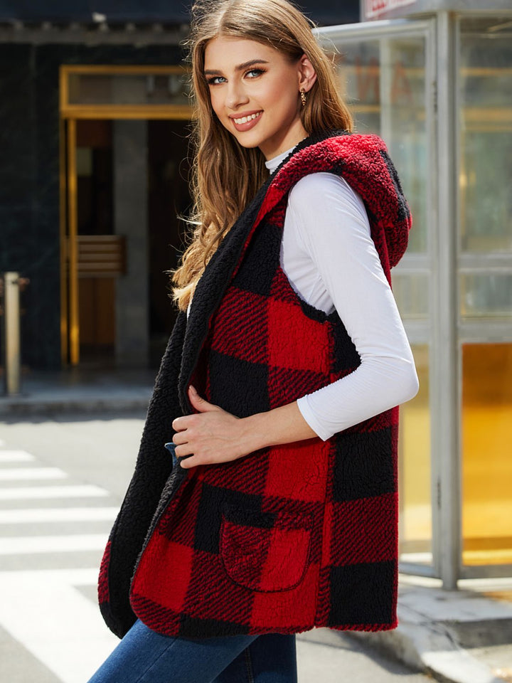 Buffalo plaid sherpa hooded vest with patch pockets