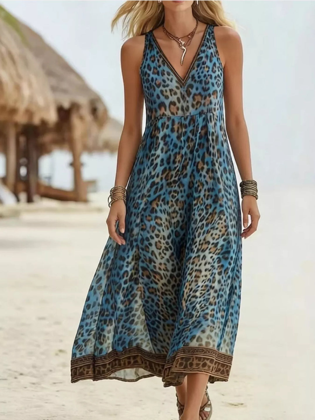 Leopard print v-neck maxi dress with border trim