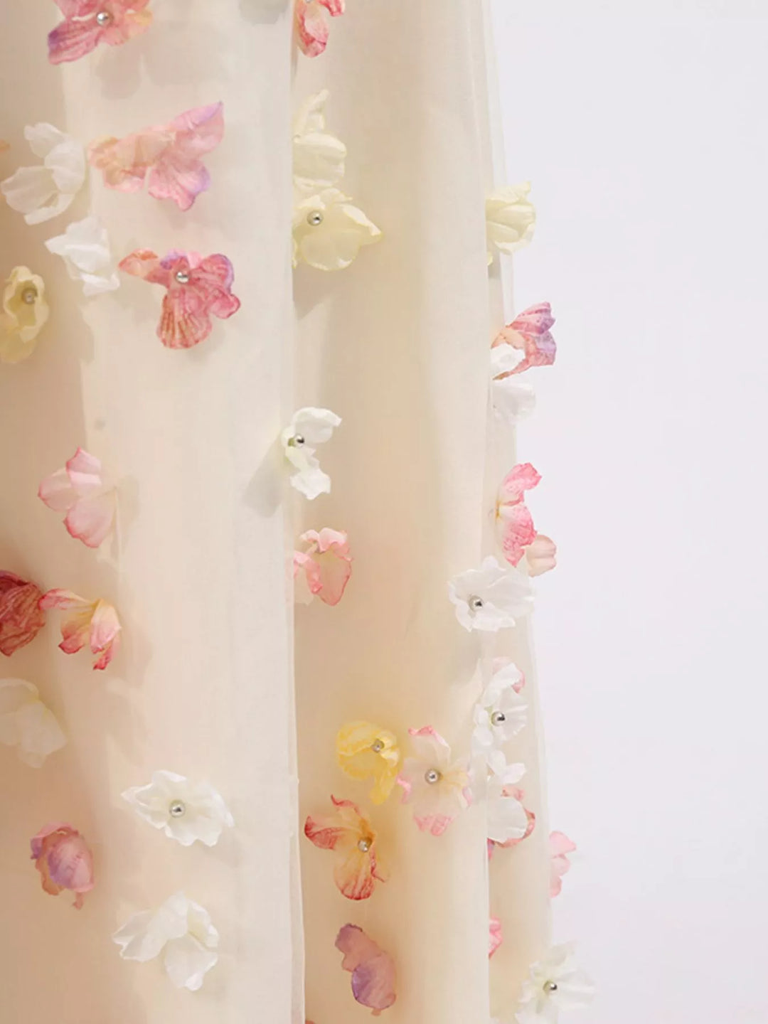 Strapless tulle maxi dress with 3D floral appliques